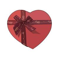 Vector illustration of nice red heart box with dark red ribbon and luxurious bow. Image for postcard or sweets or gift box for New Year