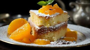 Peach and Mint Cake, A Sweet Treat on a White Plate with a Silver Teapot photo