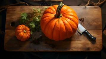 Two Pumpkins, and Wooden Cutting Board in a Dark Kitchen photo