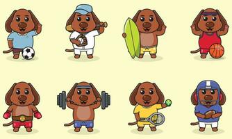 Set of Dog wearing uniform and using sports equipment. Funny animals doing exercis. Cute cartoon character vector set isolated on a white background. Cartoon animal sport. Dog cartoon.