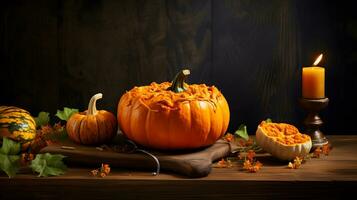 A Spooky Pumpkin with a Candle and Autumn Leaves photo