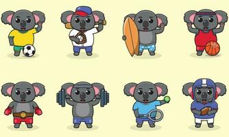 Set of Koala wearing uniform and using sports equipment. Funny animals doing exercis. Cute cartoon character vector set isolated on a white background. Cartoon animal sport. Koala cartoon.