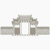 Editable Outline Style Vector Illustration of Traditional Korean Hanok Gate Building for Artwork Element of Oriental History and Culture Related Design