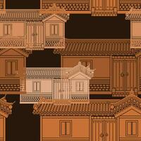 Editable Wide Traditional Hanok Korean House Building Vector Illustration as Seamless Pattern With Dark Background for Decorative Element of Oriental History and Culture Related Design