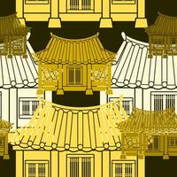 Editable Vector Illustration of Front View Traditional Hanok Korean House Building as Seamless Pattern With Dark Background for Decorative Element of Oriental History and Culture Related Design