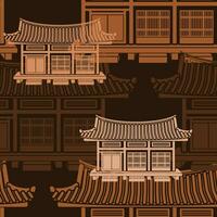 Editable Front View Wide Traditional Hanok Korean House Building Vector Illustration as Seamless Pattern With Dark Background for Decorative Element of Oriental History and Culture Related Design