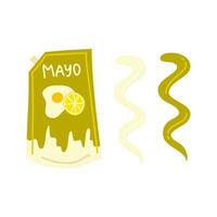 Cartoon Color Mayonnaise Sauce Doypack Packing with Smears. Vector