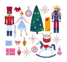 Cartoon Color Winter Tale Ballet Nutcracker Story Elements Set. Vector