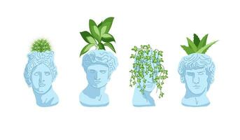 Cartoon Color Home Plants in Statue Heads Trendy Set. Vector