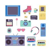 Cartoon Color Retro Eighties and Nineties Elements Set. Vector