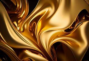 3d rendering Curve Dynamic Gold Fluid Liquid Wallpaper. Light Metal Color Colorful Swirl Gradient Mesh. Bright Yellow Vivid Vibrant Smooth Surface. Blurred Water Neon Gradient Background AI Generative photo