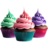 three cupcakes with different colors on a transparent background.AI Generative png