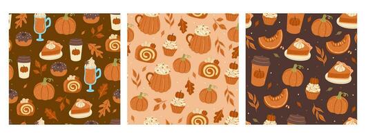 Collection of seamless autumn patterns with pumpkin drinks and food. Vector graphics.