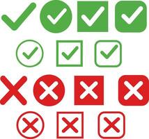 Set green approval check mark and red cross icons collection in circle and square, checklist signs, flat checkmark approval badge, isolated tick symbols. vector