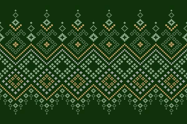 Green Cross stitch colorful geometric traditional ethnic pattern Ikat seamless pattern border abstract design for fabric print cloth dress carpet curtains and sarong Aztec African Indian Indonesian