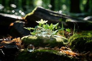 Wild flowers with large drops of water on a stone in the forest. Blurred forest background. Generative AI photo