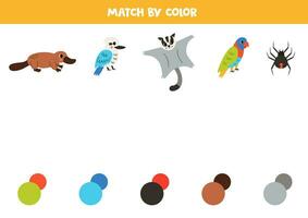 partido australiano animales y colores. educativo juego para color reconocimiento. vector