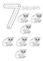 Flashcard number 7. Preschool worksheet. Cute cartoon slow loris. vector