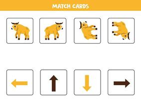 Left, right, up or down. Spatial orientation with cute golden takin. vector