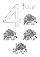 Flashcard number 4. Preschool worksheet. Cute cartoon porcupine. vector