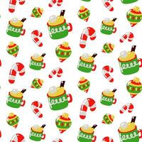 Christmas seamless pattern with cocoa mug, Christmas candies, Christmas tree toys. Vector flat texture. Cute and bright seamless pattern for winter holiday. Use as packaging, printing on textiles