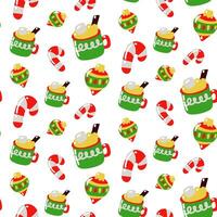 Christmas seamless pattern with cocoa mug, Christmas candies, Christmas tree toys. Vector flat texture. Cute and bright seamless pattern for winter holiday. Use as packaging, printing on textiles