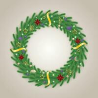 Realistic Christmas green wreath with blue and white balls with snow and snowflakes with lights and golden stars with flowers and ribbons. vector