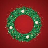 Realistic Christmas wreath with golden stars with snows with red background vector