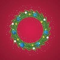 Christmas green wreath with blue and white balls with Snow and light with golden stars. vector