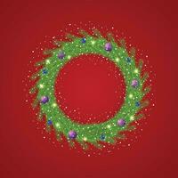 Realistic Christmas green wreath with blue balls and snow with a red background and lights. vector