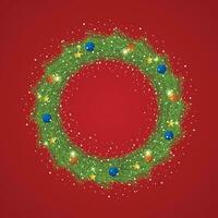 Realistic Christmas green wreath with blue and red balls with snow and a red background with golden stars and lite. vector