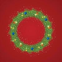 Realistic Christmas green wreath with blue and red balls with snow and a red background with golden stars and lite. vector