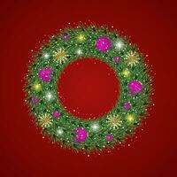 Merry Christmas black background with wreath and leaves and balls with snow vector