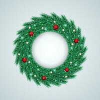 Realistic Christmas wreath with brawn ball with snow and lights with white background vector