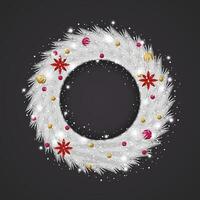 Christmas white wreath with balls and Snowflake and red flower with Snow and light. vector