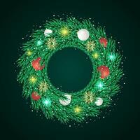 Merry Christmas black background with wreath and green leaves and golden balls with snow vector