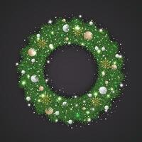 Christmas green wreath with balls and snowflake with snow and light. vector