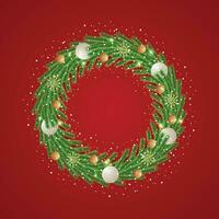 Christmas green wreath with green and white balls with Snow and light with Snowflake. vector