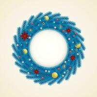 Realistic Christmas blue wreath with red and golden balls with snowflakes and lights with red flowers and golden stars. vector