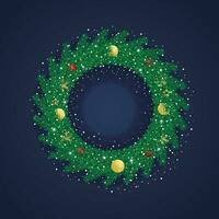 Realistic Christmas green wreath with golden and red balls with snow and snowflakes with lights and golden stars. vector