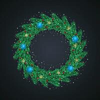Realistic christmas wreath with blue ball with snows with balck background vector