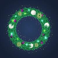 Merry Christmas wreath with green leaves and balls and stars with snow and light vector