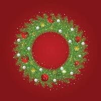 Realistic Christmas green wreath with white and red balls with snow and a red background with golden stars and light with snowflakes. vector