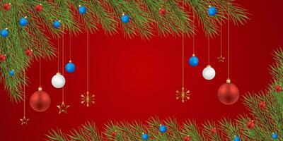 Realistic Christmas green leaf banner with blue and green with white balls with lights and golden stars with snowflakes and a red background. vector