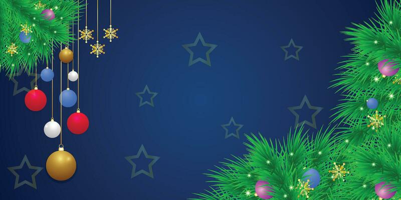 Realistic Christmas green leaf banner with red and white balls with lights and snowflakes with blue background.