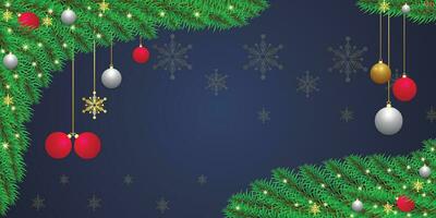 Realistic Christmas green leaf banner with white and red balls with lights and snowflakes. vector