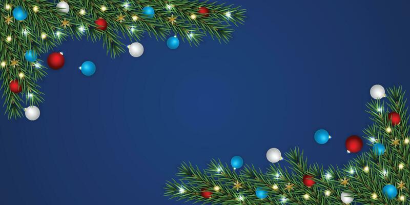 Realistic Christmas green leaf banner with red and white balls with lights and a purple background with snowflakes.