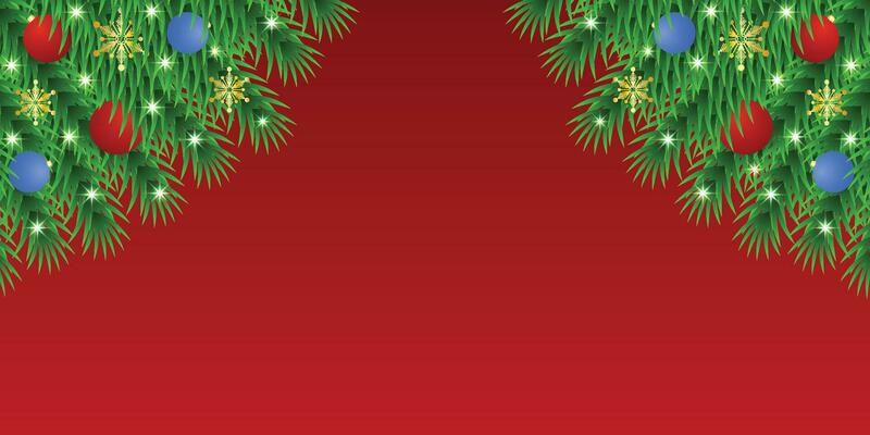 Realistic Christmas green leaf banner with blue and red balls with lights and snowflakes with red background.