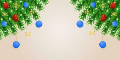 Realistic Christmas green leaf banner with blue and red balls with lights and snowflakes. vector