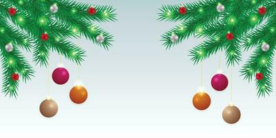 Realistic Christmas green leaf banner with golden and red balls with lights. and a white background. vector